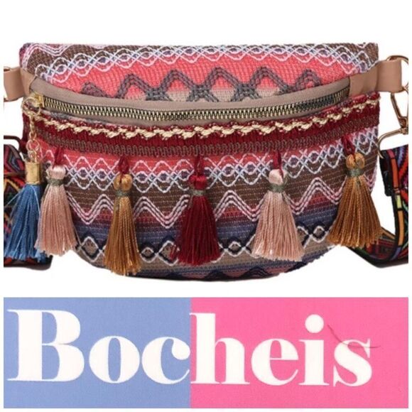 BOCHEIS - NWT Ethnic Style Boho Tassel Shoulder/Chest/Waist Bag in Woven Fabric - Picture 1 of 15